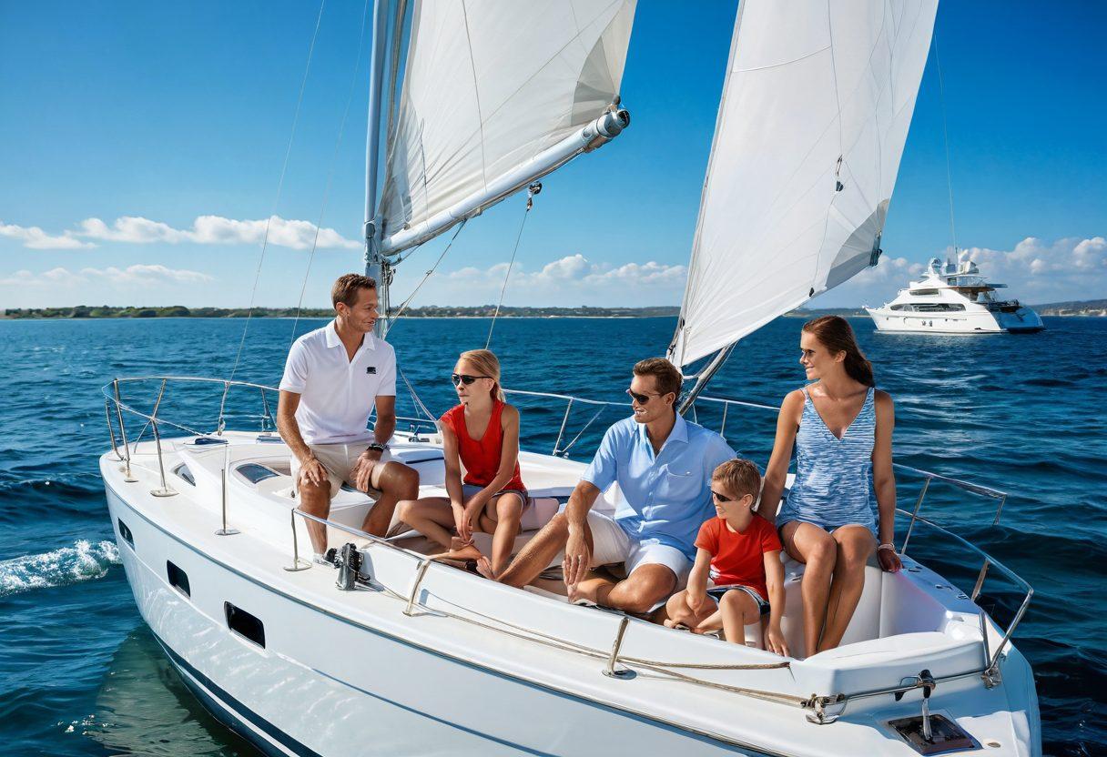 A picturesque family enjoying their time on a yacht under a clear blue sky, surrounded by gentle waves. Include elements that represent affordability, such as price tags or coins subtly integrated into the water. Add customizable features like a signboard showing various yacht insurance options nearby. The scene should evoke a sense of security and fun together. vibrant colors. super-realistic.