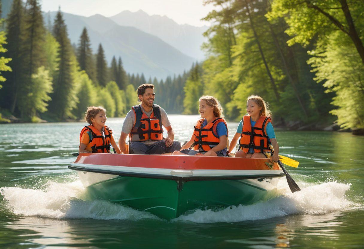 A joyful family on a boat, enjoying a sunny day on a sparkling lake, surrounded by lush green trees and playful waves. The boat is equipped with safety gear, showcasing family-friendly features like life jackets and sunshades. Soft sunlight glimmers on the water, creating a welcoming atmosphere. Include a serene background of distant mountains. super-realistic. vibrant colors.