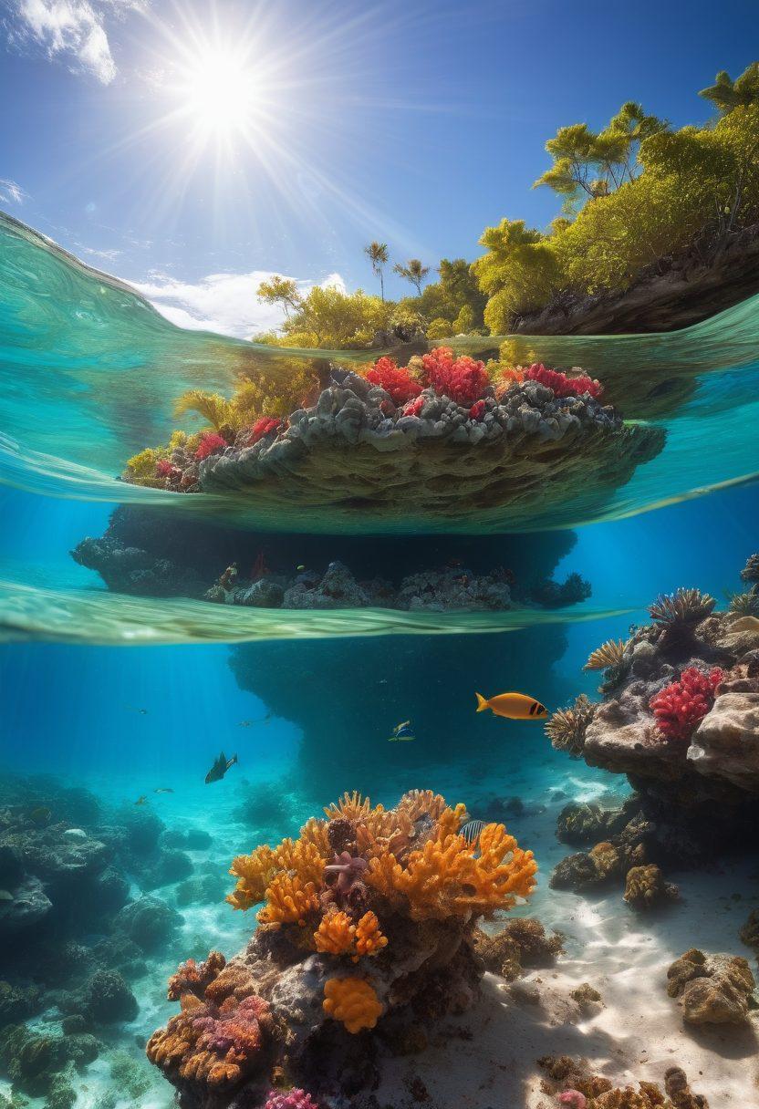A serene tropical ocean scene showcasing a diverse marine ecosystem with colorful coral reefs, schools of fish, and a snorkeler exploring underwater. Above water, show kayakers enjoying the calm sea and a family building a sandcastle on the beach. Include a bright sun shining down, casting vibrant reflections on the water. The image evokes excitement and tranquility, highlighting marine protection. super-realistic. vibrant colors.